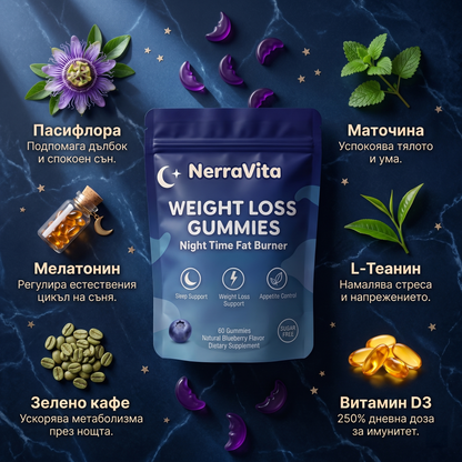 NerraVita – Нощни Гъмита за Отслабване и Дълбок Сън | 60 Гъмита